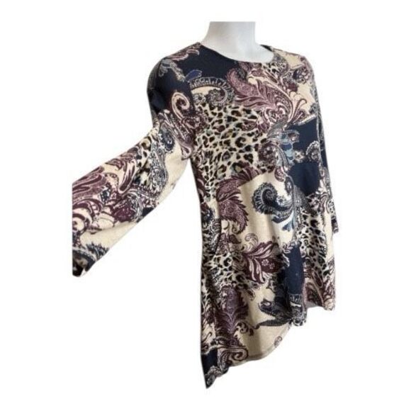 Chico’s Long Sleeve Top Tunic Size 2 (Large) Purple Paisley Print Side Pockets - Picture 4 of 12